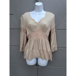 Y2K INC Silk Babydoll Blouse Pleated Bell Sleeves Lace Trim Coquette Romantic 2